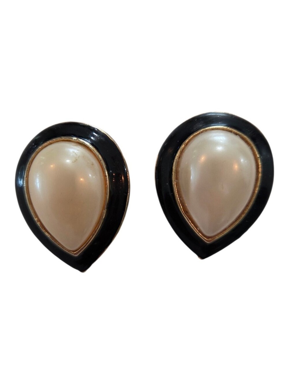 Vintage 1980s Teardrop Pearl & Black Enamel Clip-On Earrings Retro Statement